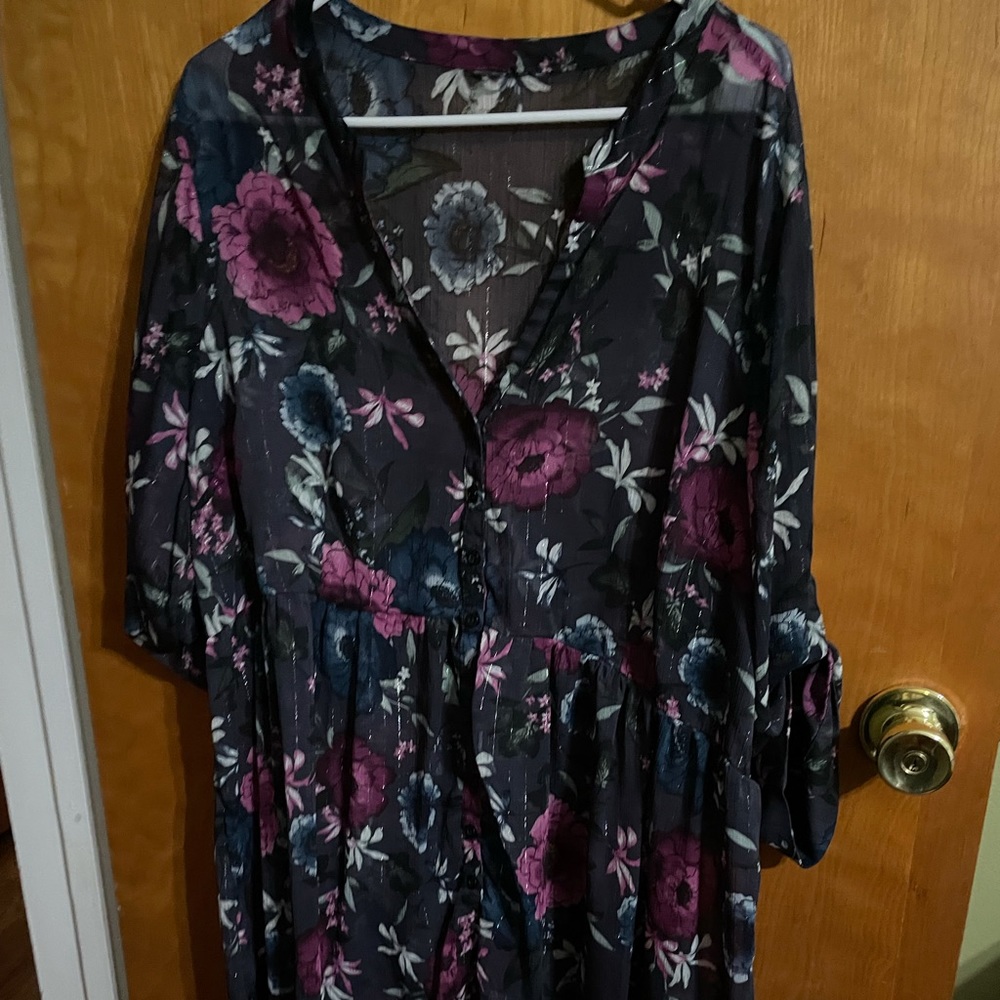 Torrid high low button up baby doll floral blouse.